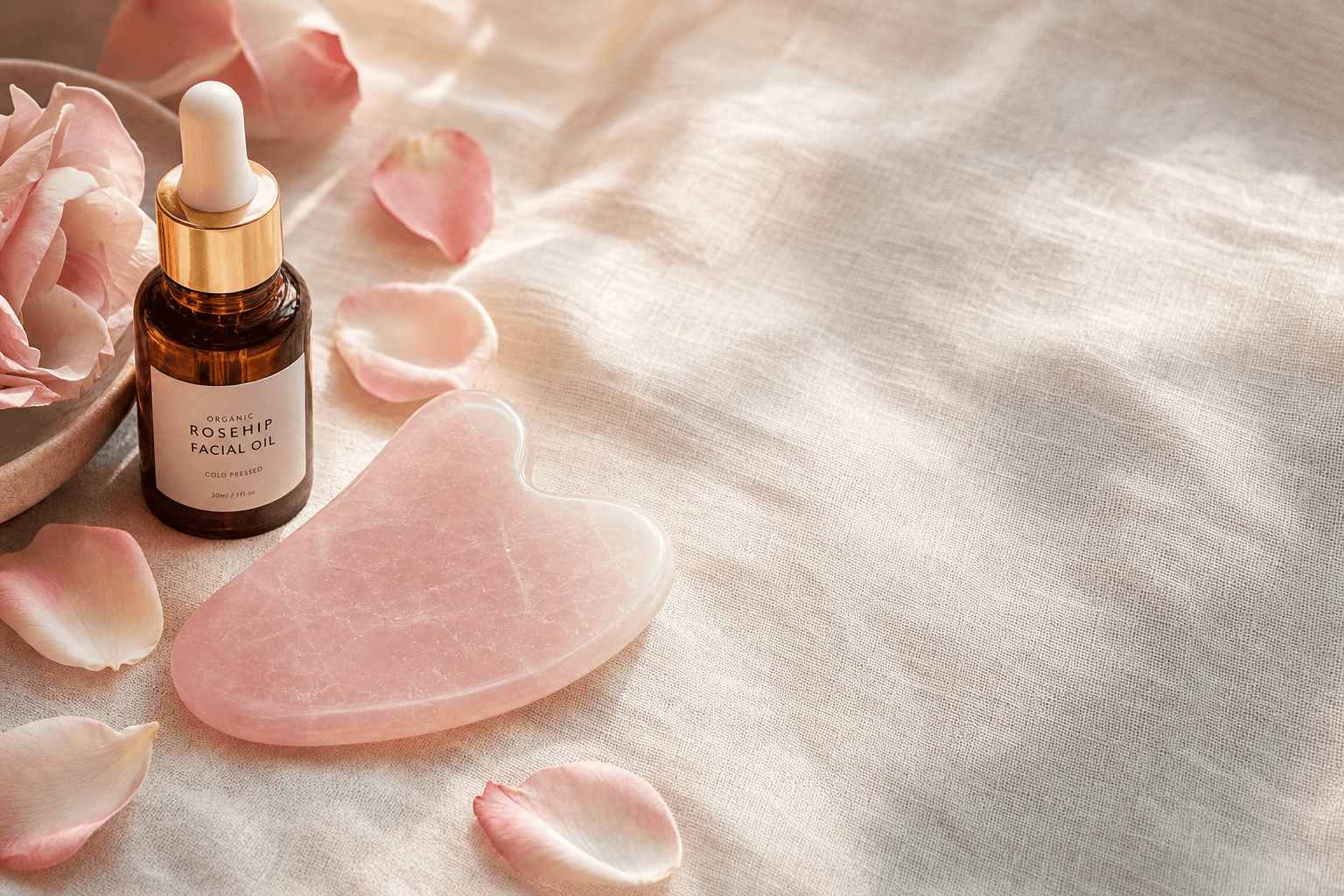 Rose quartz gua sha stone on warm linen, morning light