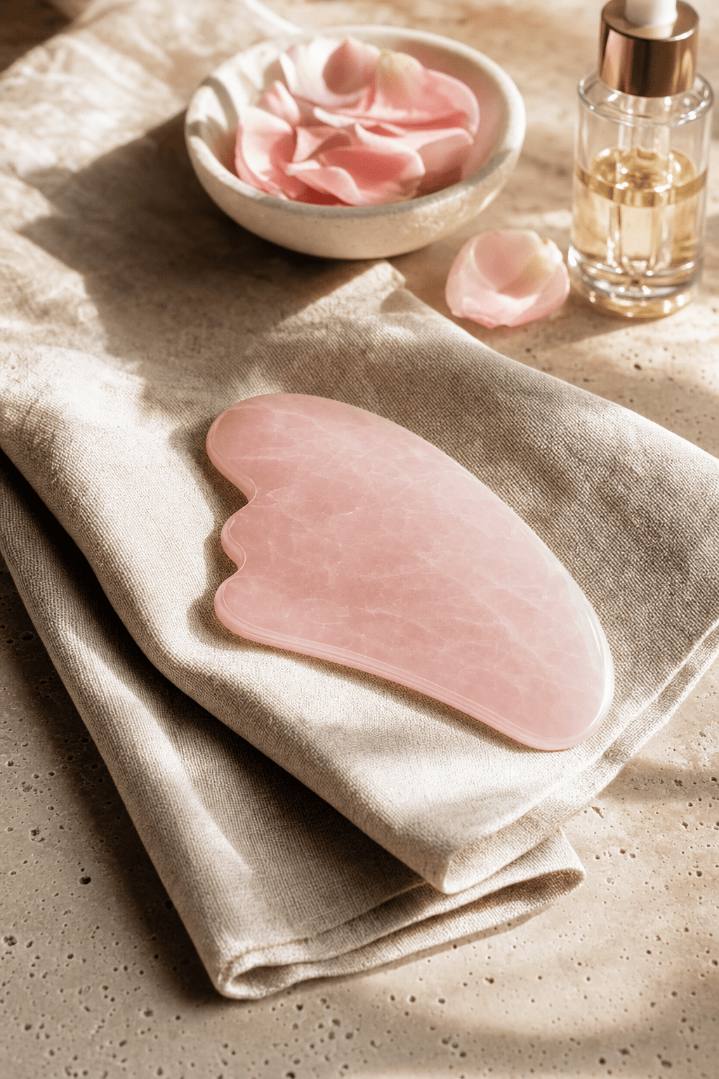 Rose quartz gua sha stone on warm linen, morning light